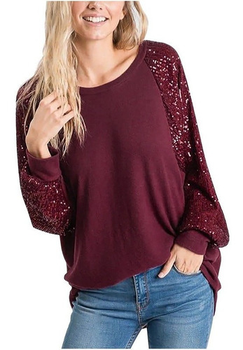 Blusa De Mujer De Manga Larga Con Lentejuelas Y Escote En E