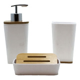 Juego De Baño Blanco Bambú Set X 3 Jabonera Dispenser Vaso