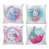 Kit 4 Capas Almofadas Coelho Elefante Bebê Infantil - 45x45 