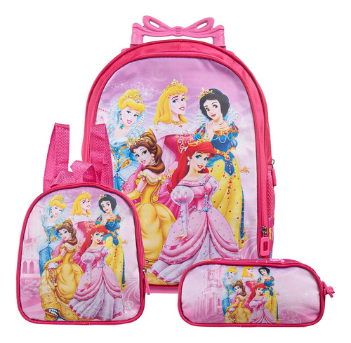 Mochila Escolar Princesas Bolsa Rodinha Kit Lancheira+estojo