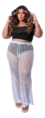 Calça Plus Size Saida De Praia Tricot Croche Cintura Alta