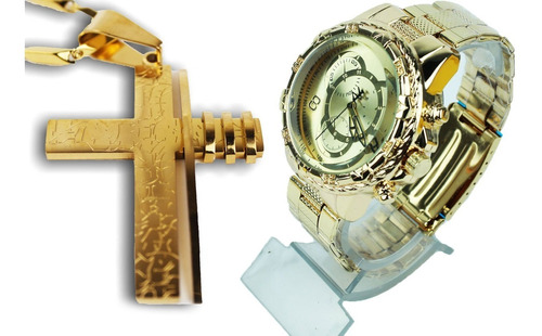 Relógio Masculino Dourado Barato Grande + Corrente Cruz Novo