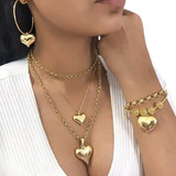 Set Puffy Heart Chapado En Oro 18k Collar+pulsera+aretes