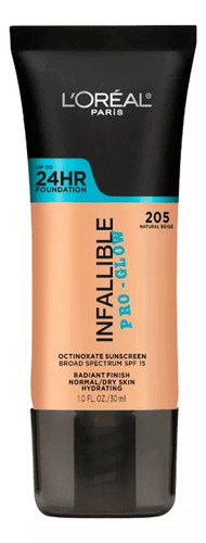 Base De Maquillaje L'oréal Paris Infallible 24hpro-glow 30ml Tono 205 Natural Beige