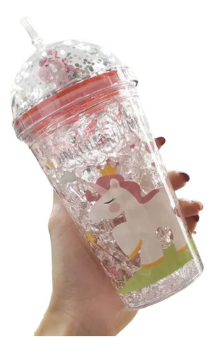 Vaso  Con Bombilla Botella Plástico Unicornio 350ml Glitter