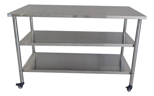 Mesa Bancada 100% Inox 1,90x0,60 2 Prateleiras Com Rodizios