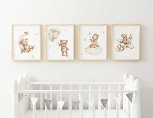 Decoración Cuarto Bebe Nórdico Cuadro Infantil Osito Setx4