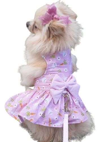 Roupa Pet Pascoa Cachorro Vestido Com Guia Rosa Spitz Shitzu