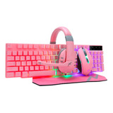 Combo Gamer Rosa Teclado Mouse Auricular Y Pad Luz Rgb Noga
