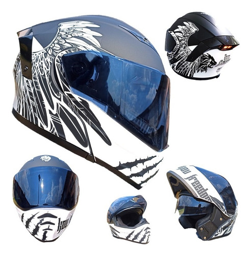 Casco Moto Negro Blanco Con Luz Abatible Kov Freedom Ns Fz