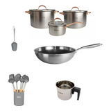 Set Ollas Wok Jarro Utensilios Acero Inox Golden Inducción. 