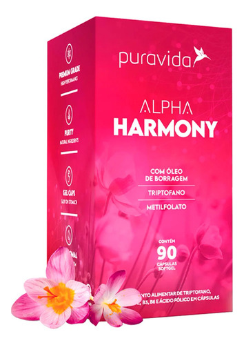 Alpha Harmony Puravida Óleo De Borragem, Triptofano 90 Caps Sabor Sem Sabor