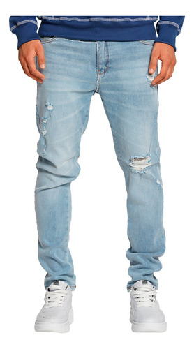 Jean Bross Slim Gastado Con Roturas Láser Azul