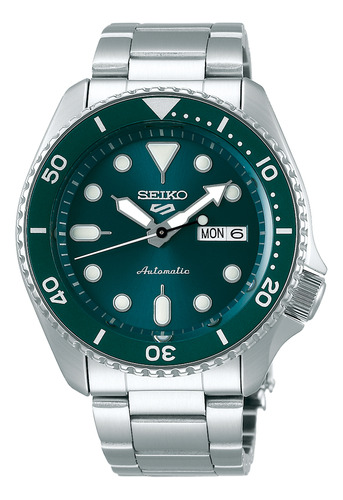 Reloj Seiko 5 Srpd61 K1 Automatico Acero Color De La Malla Plateado Color Del Bisel Verde Color Del Fondo Verde