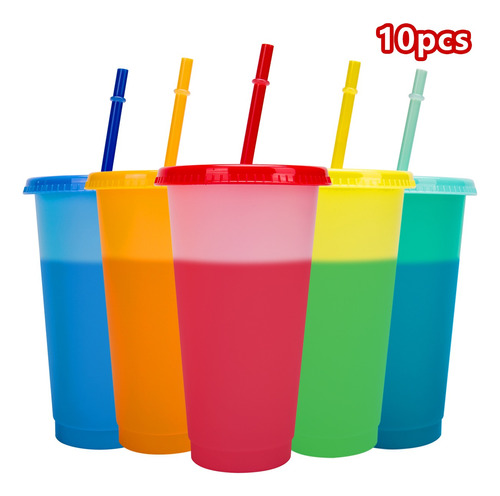 10 Vasos Magicos Cambian De Color Reusables De Tapa Y Popote