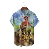 Camisa Hawaiana Unisex Azul Moto Pig, Camisa De Playa For V