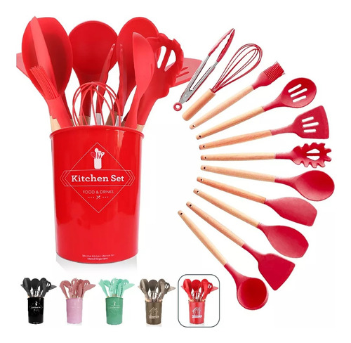 Kit De Cozinha 12 Utensílios De Cabo De Madeira E Silicone 