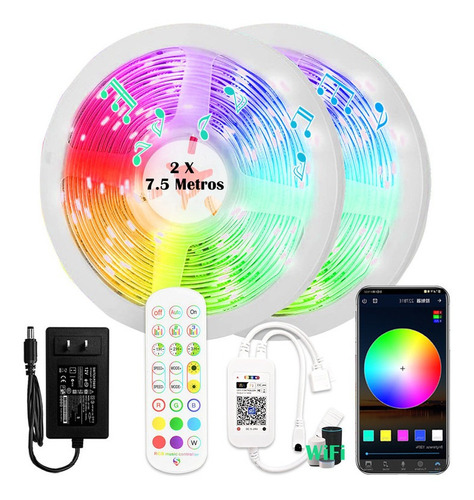 Fita De Led Colorida 2x7.5 M Rgb Wifi Luz Led Deocração