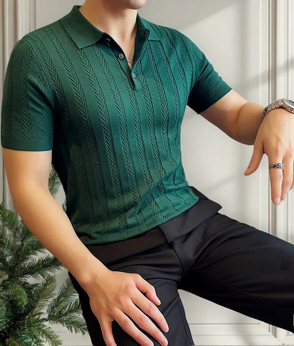 Polo De Punto A Rayas Para Hombre, Camiseta De Seda Hielo