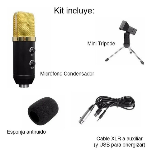 Micrófono Condensador Auxiliar Control Volumen Dorado 