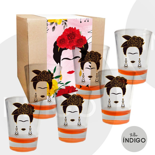 Set Copas Aguardienteras Frida Kahlo + Empaque Artesanal