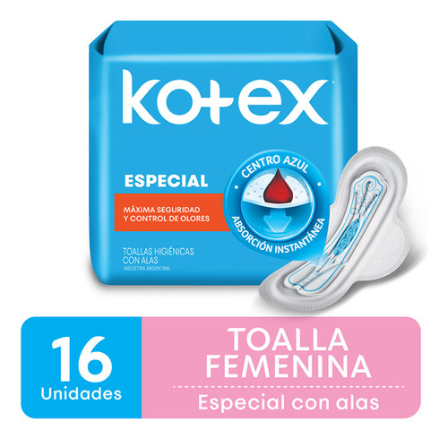 Kotex Especial Centro Azul 16 Toallitas Higiénicas Max Segur