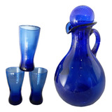  Jarra De Vidrio Azul Cobalto 2 Litros  +  Trio De Vasos 
