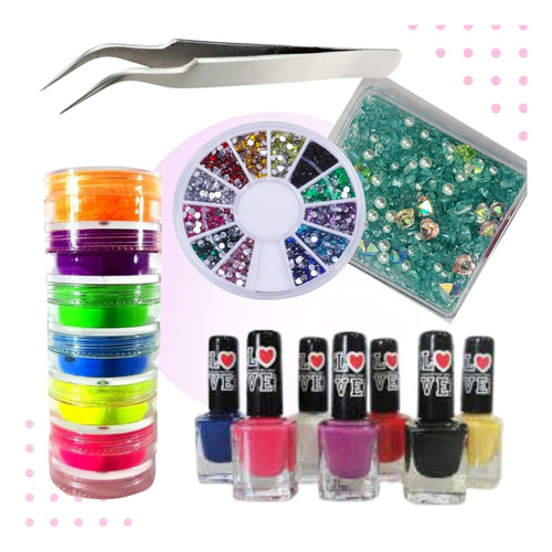Kit Decoracion Nails Pigmentos Esmaltes Strass N05 Lfme