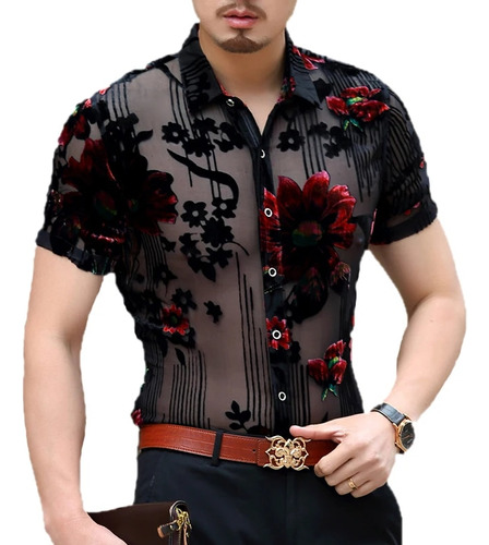 Camisa Floral Para Hombre, Ropa Transparente De Verano Para