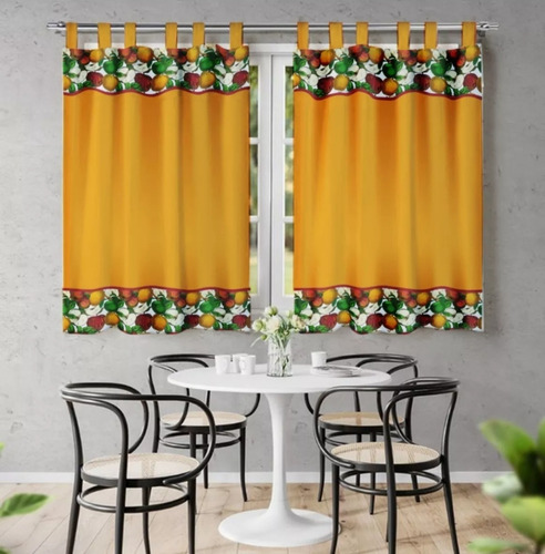 Cortina De Cocina Estampada Con Borde 2 Paños Decorativos 