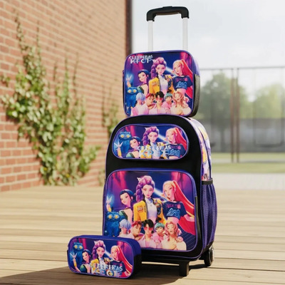 Mochila Escolar Primaria Carrito + Lapicera Lonchera 3pz Kit Negro Guerreras Kpop Saja Boys