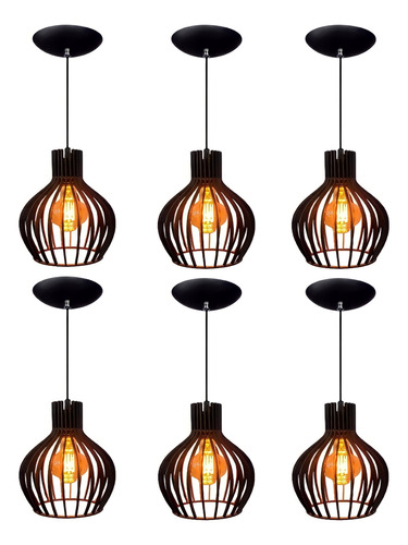 6 Luminaria Lustre Pendente Rustico De Madeira Pear Preto