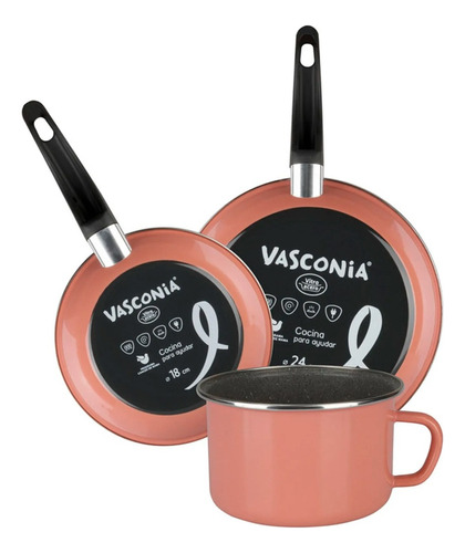 Juego Cocina Vasconia 3 Piezas Acero Vitrificado Rosa Nuevo