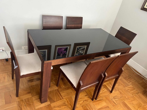 Mesa Jantar Com 6 Cadeiras Em Madeira Com Tampo De Vidro