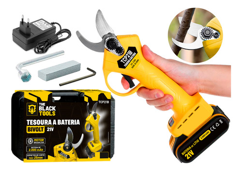 Tesoura Poda Galho De Árvore Elétrica Sem Fio Bateria 21v Com Maleta Tcp21b The Black Tools