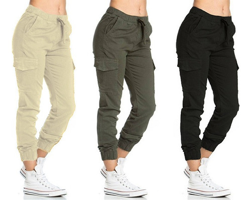 Pack X3 Pantalon Gabardina Cargo Bolsillos Colores Moda Dama