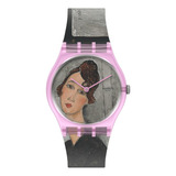 Reloj Swatch Gz356 Portrait Of Dédie By Amedeo Modigliani Pu Color De La Malla Transparente Color Del Bisel Rosa Color Del Fondo Marrón