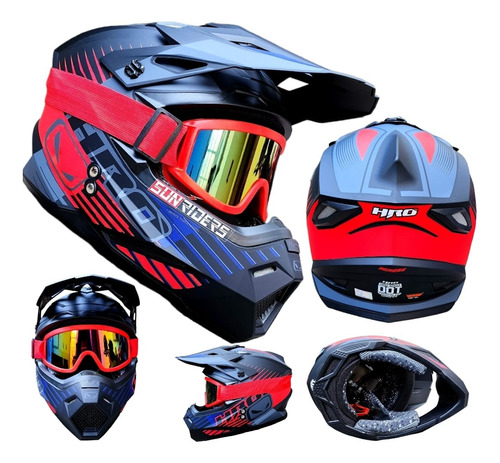 Casco Moto Hro Cross Mx03 Negro Rojo Across + Goggles Dot Dm