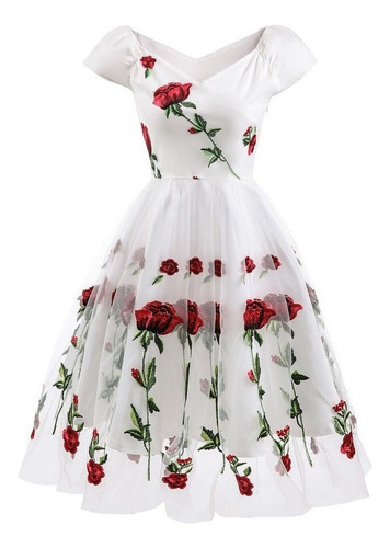 Vestido De Malla De Encaje Con Rosas Bordadas