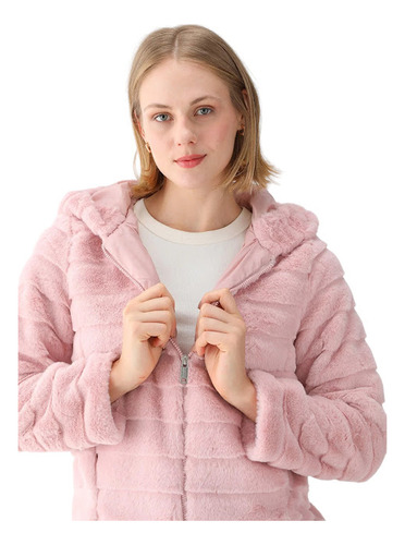 Casaco De Frio Feminino Pelúcia Teddy Com Capuz E Zíper