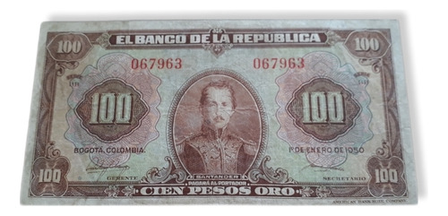 Colombia 100 Pesos Oro 1950 Buen Estado.