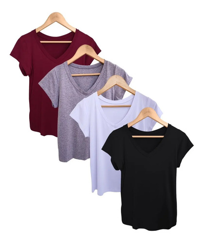 Kit 4 Blusa Camiseta Feminina Gola V Babylook Básica Lisa | Frete grátis