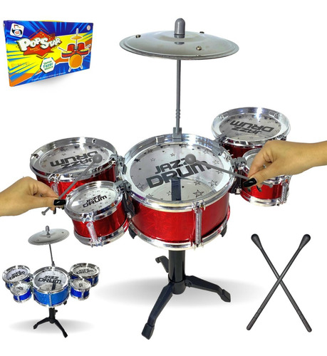 Bateria Infantil Acústica 5 Tambores Musical De Brinquedo Cor Vermelho