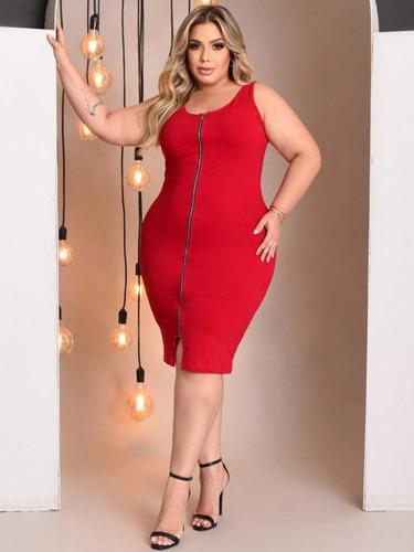 Vestido Feminino Plus Size Tubinho Com Detalhe Zíper Frontal