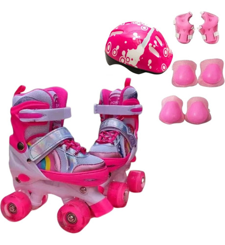 Patins Rosa Regulável Com Led Nas Rodas Com Kit Segurança