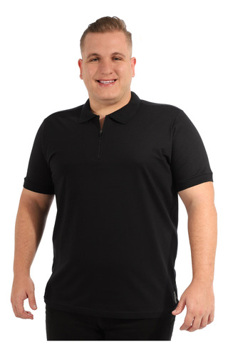 Camisa Polo Plus Size Masculina Algodão Zíper E Punho Preta