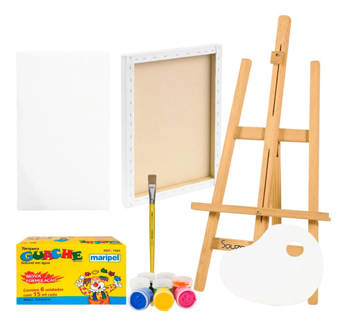 Kit Cavalete 75cm + 2 Telas 18x24 + Pincel + Guache + Paleta