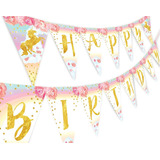 Unicornio Pastel Flor Feliz Cumpleaños Banner Banderí...