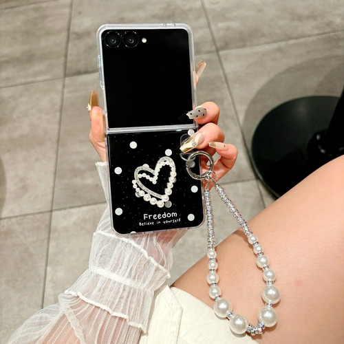 Funda Con Patrón De Lunares Para Motorola Razr 50/60, Corazón Con Pedrería 3d Y Cadena De Perlas, Anti Huellas, Resistente A Golpes