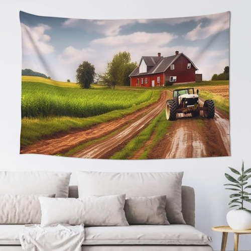 Adanti Country Road With Farm And Tractor Print Tapestry De.